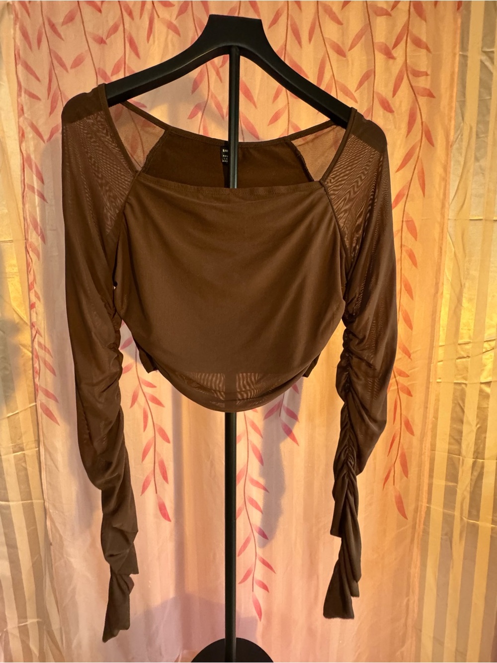 SHEIN Brown Ruched Long-Sleeve Crop Top